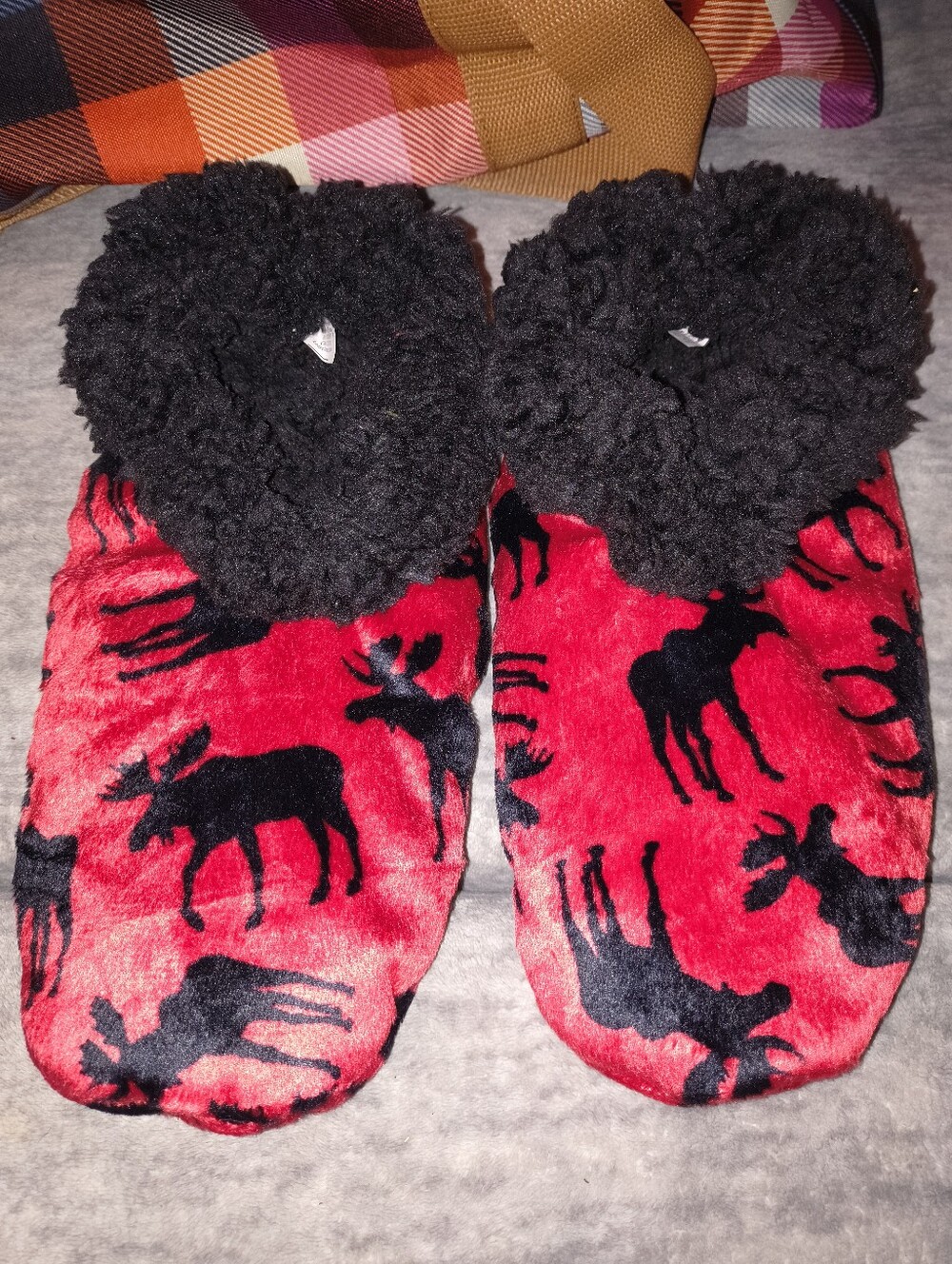 Red Moose Print Fuzzy Cuff Slipper Socks Lazy One